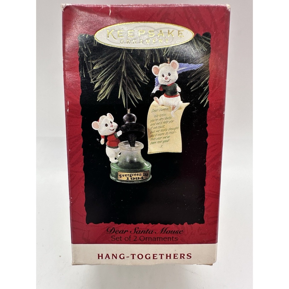 1994 Hallmark Keepsake Hang Together Ornaments‎ Dear Santa Mouse Set of 2 in Box
